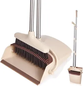 Long Handle Broom and Dustpan Set – Upright Standing Dustpan with Stainless Steel Handle, Lightweight Sweeping Combo for Home Kitchen Office Floor Cleaning & Pet Hair Removal
