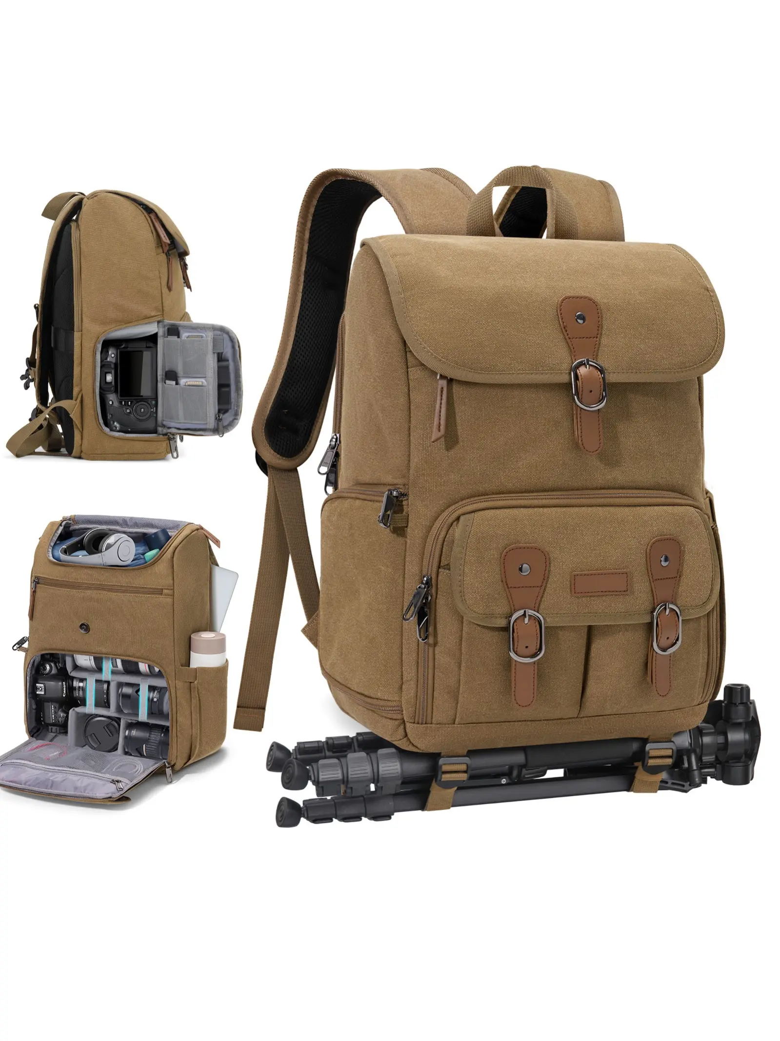 Camera Multifunction Classic Carry Backpack for Dslr/mirrorless Cameras, 15.6 Inch Laptop, Photographer Anti-Theft Vintage Photography Bag with Adjustable Handle, Tripod Mount & Rain Cover, Canvas Backpack