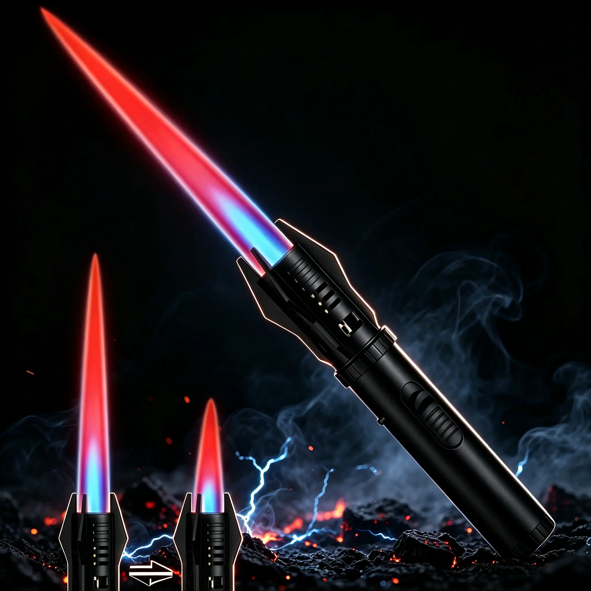 Unisex Adjustable Butane Torch Lighter (No Gas Included) - Compact Form, Dual-Color Red Blue Flame, Windproof Turbo Jet, Safety Lock, Flame Adjust, Outdoor Gear for BBQ Campfire, Candle Lighting, Ignition, Jet Flame