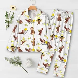 Women's Monkey Banana Print Pajama Set , Cute Monkey & Banana All-Over Print Lapel Collar Button-Front Shirt & Elastic Waist Pants, All-Season Sleepwear, Pajamas for -Like s, Themed Costume Party Outfit