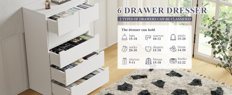 【24H Online Help】Raybeefurniture Modern Wood Dresser with 4/5/6 Large Drawers, Stylish Storage Cabinet & Chests of Drawers with Large Organizer, Tall Dresser with Smooth Metal Rail, Perfect White Storage Organizer & Home Decor for Bedroom, Living Room
