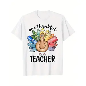 [Cute Teacher Turkey Tee] Cute Crayon Pencil One Thankful Teacher Thanksgiving Turkey T-Shirt - Summer Comfortable Casual Short Sleeve,Tee
