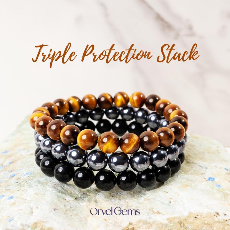 Triple Protection Bracelet Set – 8mm Tiger’s Eye, Obsidian, Amethyst, Apatite, Rose Quartz & Hematite | Unisex Healing Gift Crystal Jewelry Emotional Balance