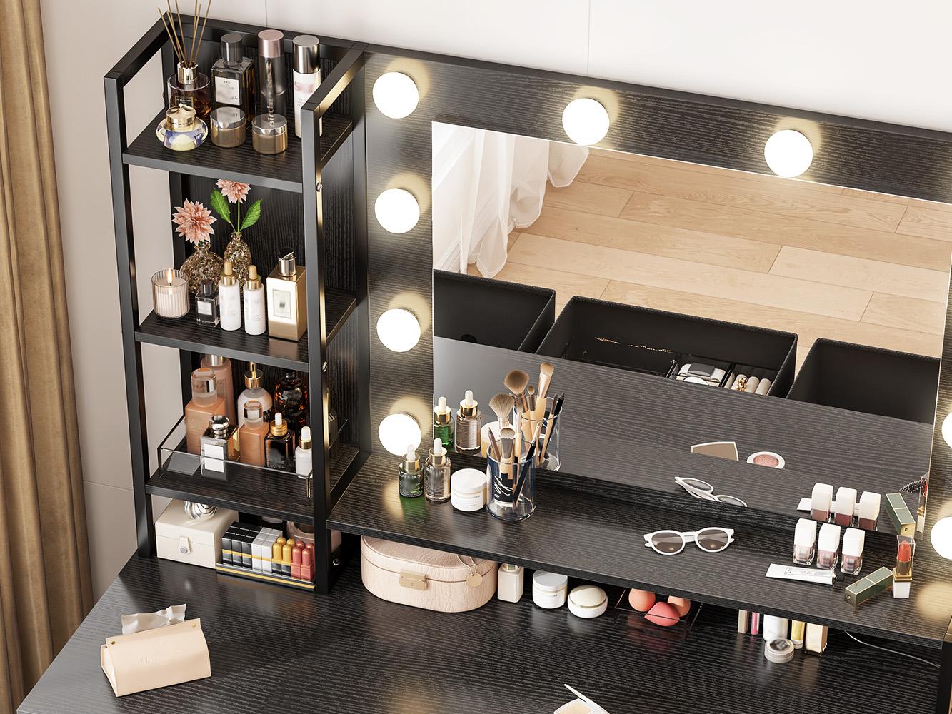 Hollywood Vanity with Mirror and Lights, Makeup Vanity Desk with 5 Fabric Drawers & Power Outlet, 3 Lighting Modes Adjustable Brightness, Bedroom Dressing Table