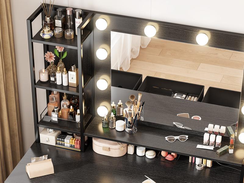 Hollywood Vanity with Mirror and Lights, Makeup Vanity Desk with 5 Fabric Drawers & Power Outlet, 3 Lighting Modes Adjustable Brightness, Bedroom Dressing Table