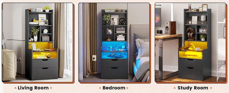 Sikaic LED Tall Nightstand with Bookshelf Charging Station Modern Bedside Table with 2 Storage Drawers and Open Storage Space Sikaic LED Tall Nightstand with Bookshelf Charging Station Modern Bedside Table with 2 Storage Drawers and Open Storage Space