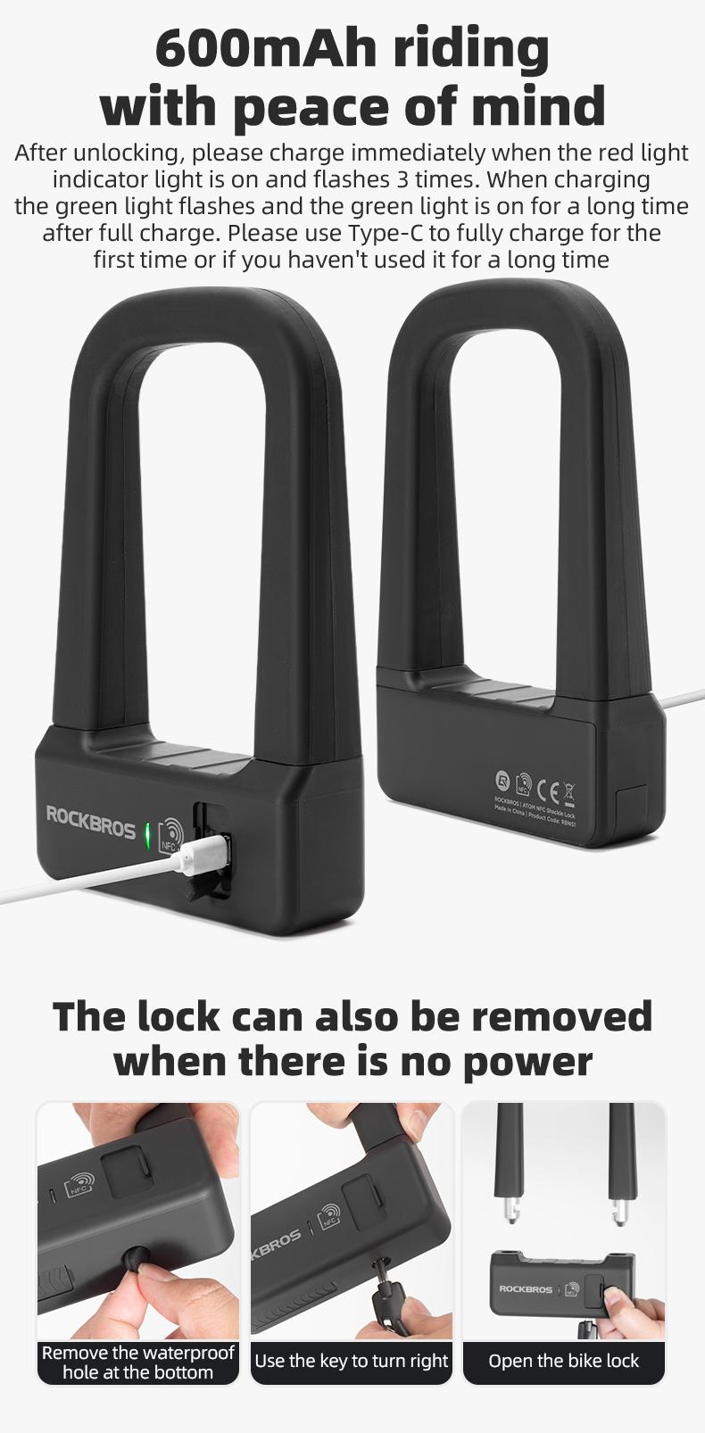 ROCKBROS Smart U Lock NFC Unlocking MTB Road Bike Lock  Anti-theft Lock Waterproof Rechargeable Safety Bike Lock
