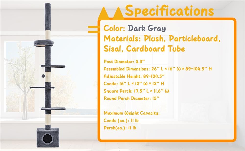 Yaheetech Adjustable 7.4-8.7FT Floor-to-Ceiling Cat Tree with 1 Condo 4 Perches & Scratching Posts Multi-level Cat Tower for Small/Medium Cats - Vertical Scratcher