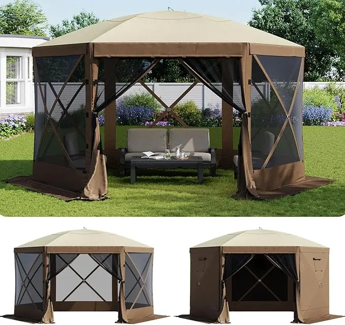 Aoxun 12x12FT Pop Up Canopy Tent, 6-Sided Pop-up Gazebo Screen Tent with Mesh Windows, Outdoor Canopy Shelter Tent with Carrying Bag, Large Shade Tents for Camping, Backyard, Patio, Lawn, Brown solar light sun tiki umbrella