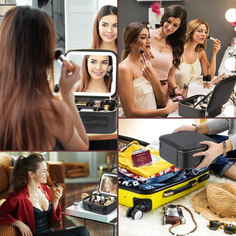 Makeup Bag with LED Mirror, Small Travel Makeup Case with Rechargeable Lighted Mirror 3 Color Lights, Double Layer Cosmetic Box Makeup Brush Lipstick Holder Organizer for Women, Black
