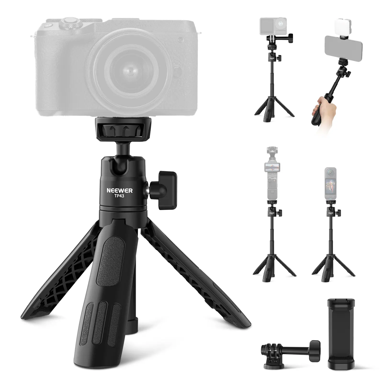 NEEWER TP43 Mini Desktop Selfie Stick Tripod, Protable & Lightweight, with 360° Ball Head Elevated Central Axis & 1/4" Screw, Phone Holder with Cold Shoe, Compatible with iPhone/GoPro/Insta360/DJI/Andriod, For Outdoor/Vlog/Live Steaming/Photography/Party