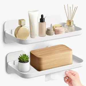 2 Pack Adhesive Floating Shelves No Drill, Damage-Free Wall Mounted Organizer for Bathroom Kitchen Bedroom Office (White)