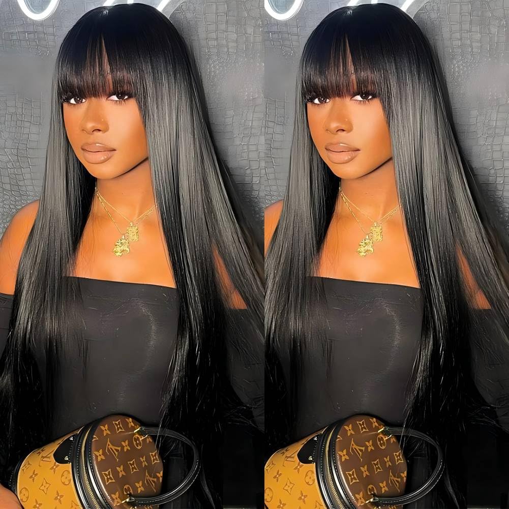 [New In Upgrade With Drawstring] Mamushow Straight Wigs with Bangs Human Hair 2x4 Lace Wig with Drawstring 180% Density Middle Part for Black Women Glueless Machine Made Wigs