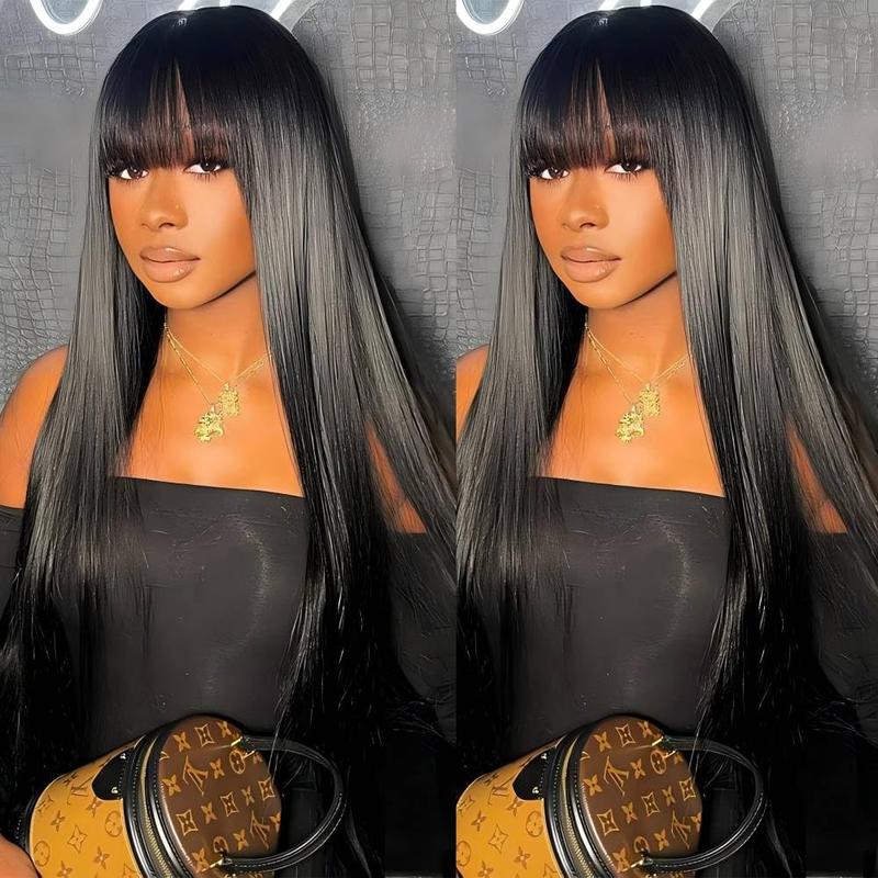 [New In]Mamushow Straight Wigs with Bangs Human Hair 2x4 Lace Wig with Drawstring 180% Density Middle Part for Black Women Glueless Machine Made Wigs