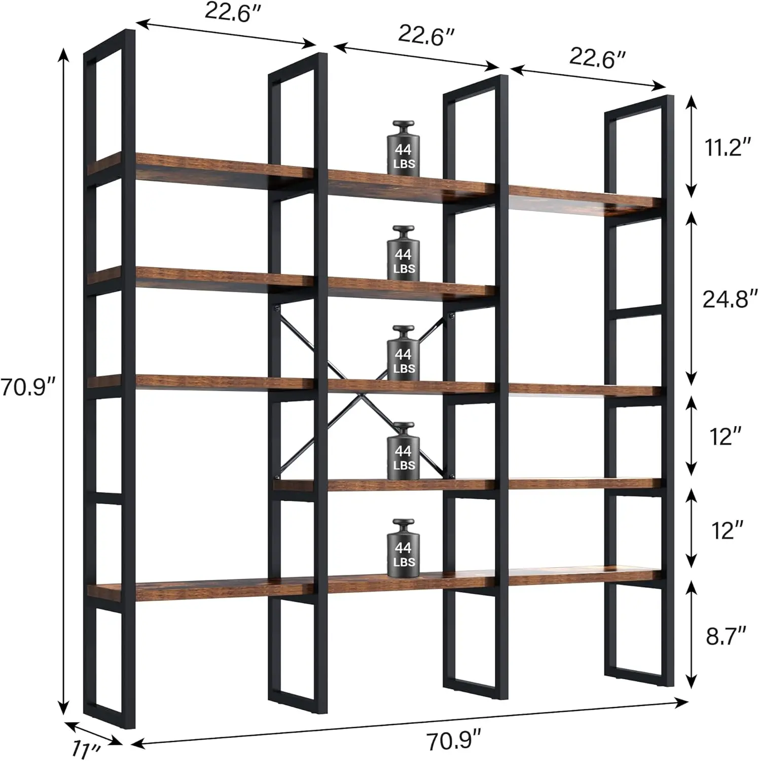 Semoic 5-Tier Triple-Wide Contemporary Geometric Industrial Bookshelf, 71" Height Steel Frame Freestanding Etagere, Books Storage & Display Organizer Unit, 5-Tier Metal Storage Standing Shelf Units