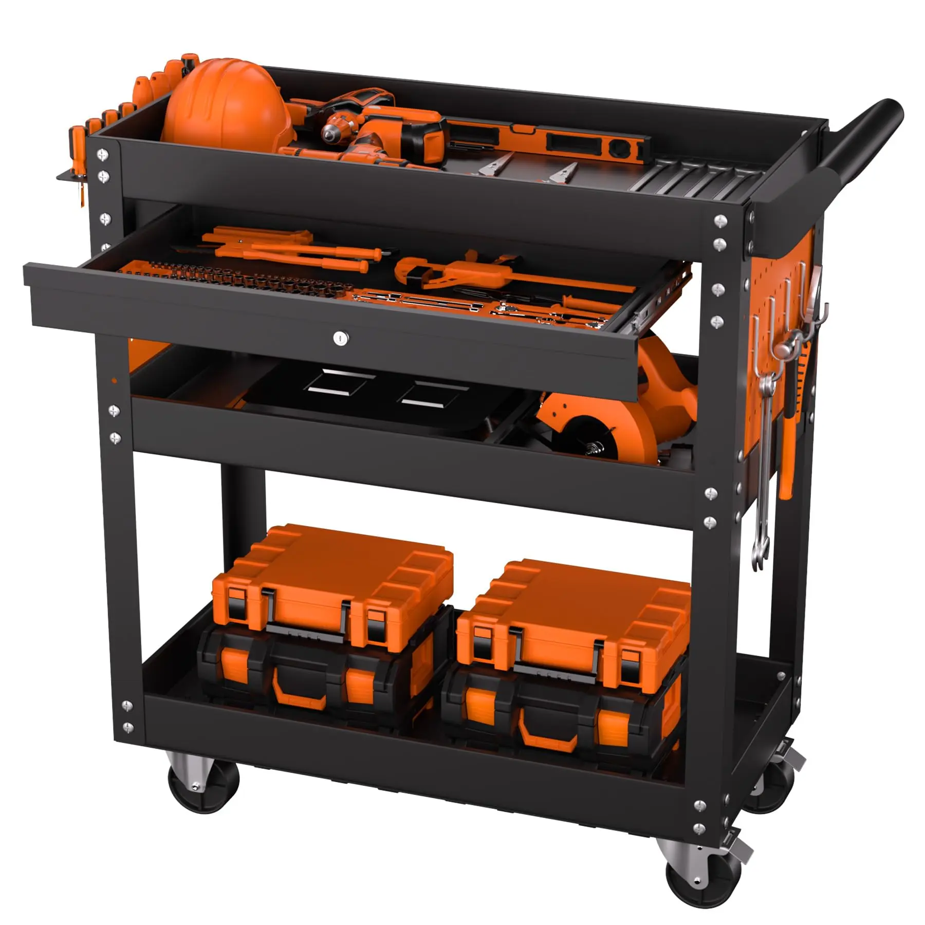 Garvee Praktischer Werkzeugwagen auf Rollen – 4-stöckig, Metall, abschließbare Schublade & Seiten-Lochplatten – 350 kg Tragkraft – Für Werkstatt & Garage – 4-lagig mit Einzelschublade