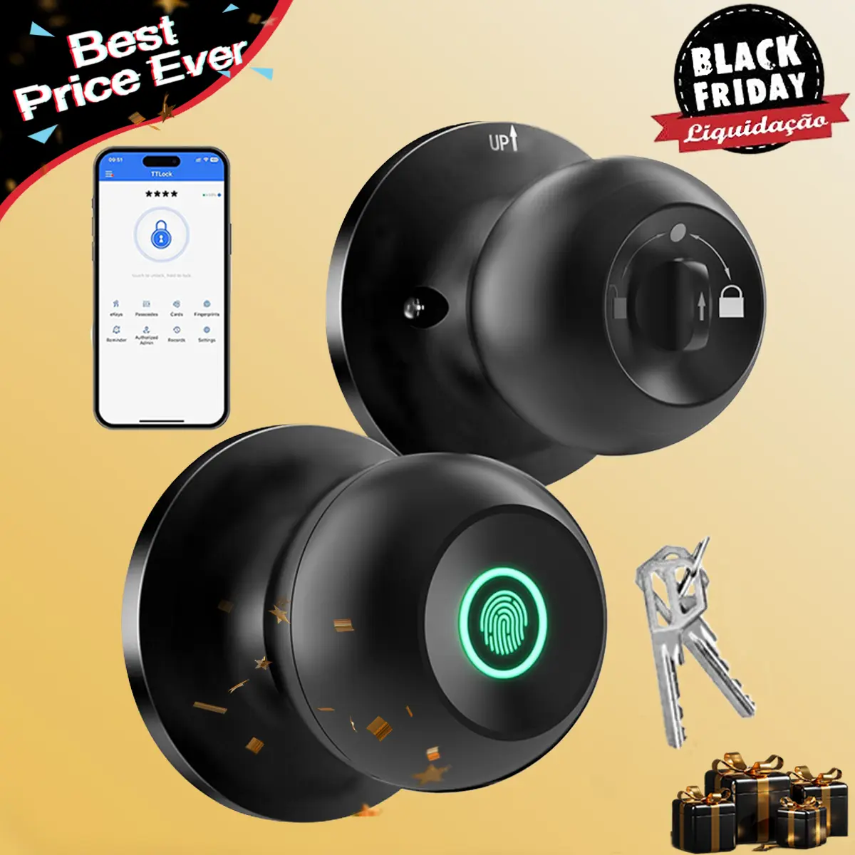 [Deals for You Days] EUERTE Smart Fingerprint Door Lock 3-in-1 with TT App Control & 5S Auto-Lock Rechargeable Battery for Rooms Offices Apartments Warehouses Garages Black Friday Gift FathersDayGift