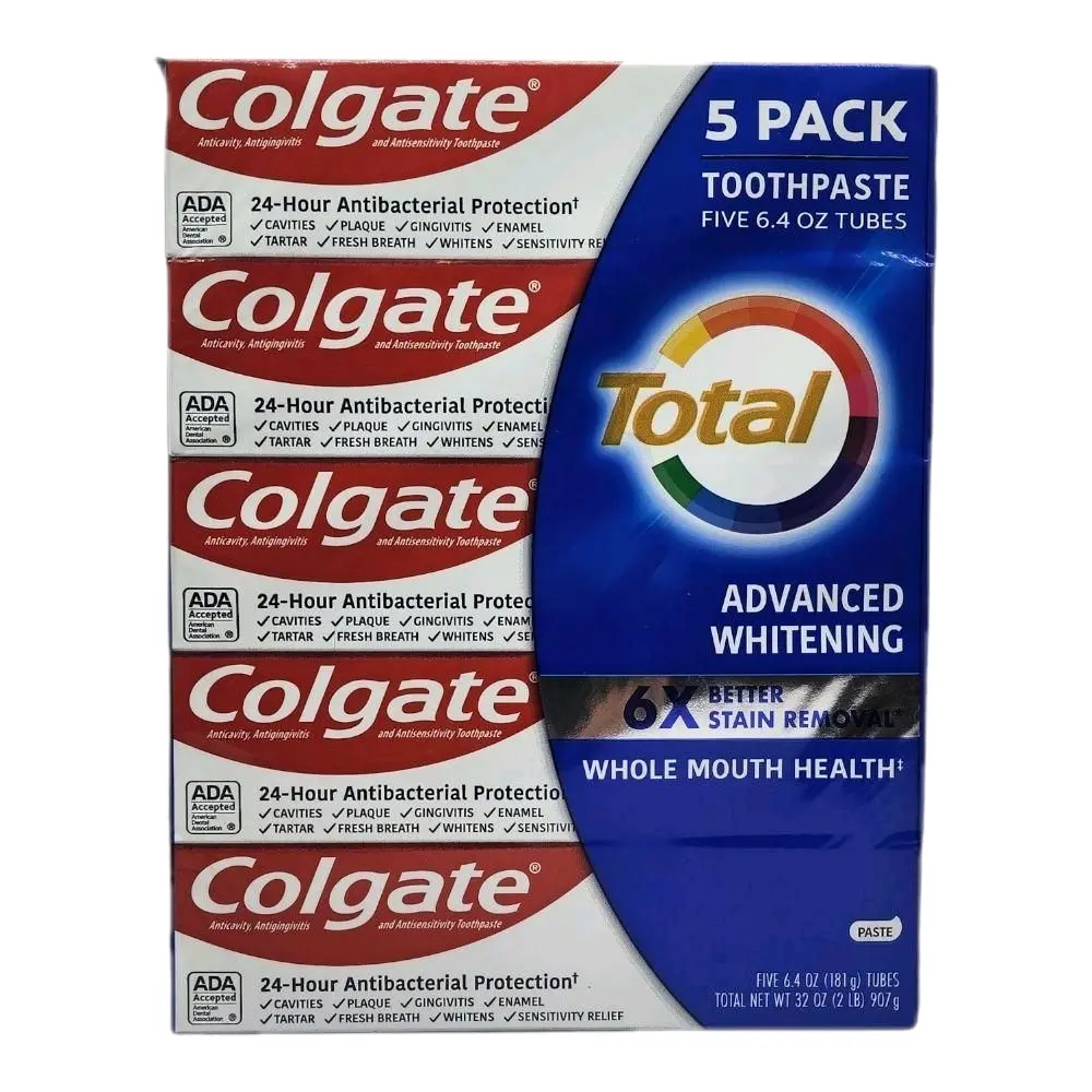 Colgate Total Active Prevention Plus Advanced Whitening Mint Toothpaste, 6.4 oz, 5-Pack - Antibacterial Daily Dental, Oral Freshening, Breath-Freshening Toothpaste, Dental Toothpastes