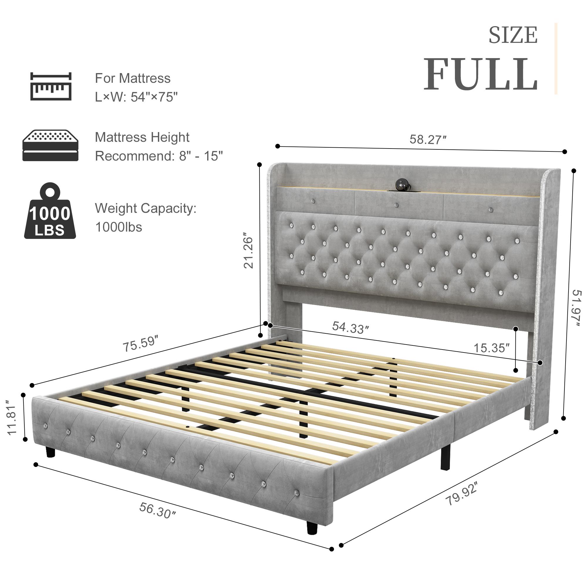 Queen Led Bed Frame with Galaxy Aurora Star Projector, Queen Platform Bed with Charging Station, 52" Upholstered Hidden Storage Headboard with Wingback, Noise Free, No Box Spring Needed, Velvet Grey