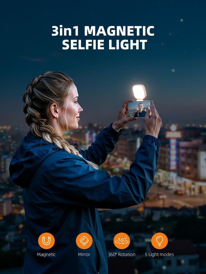（Valentine's Gift) Weilisi Magnetic Selfie Light Compatible with iPhone Magsafe, Adjusted 5 Modes,CRI97+ Rechargable LED Phone Fill Light with Mirror for Selfies, Photography, Makeup, Vlogs, TikTok, Video Recording（Included Metal Ring)