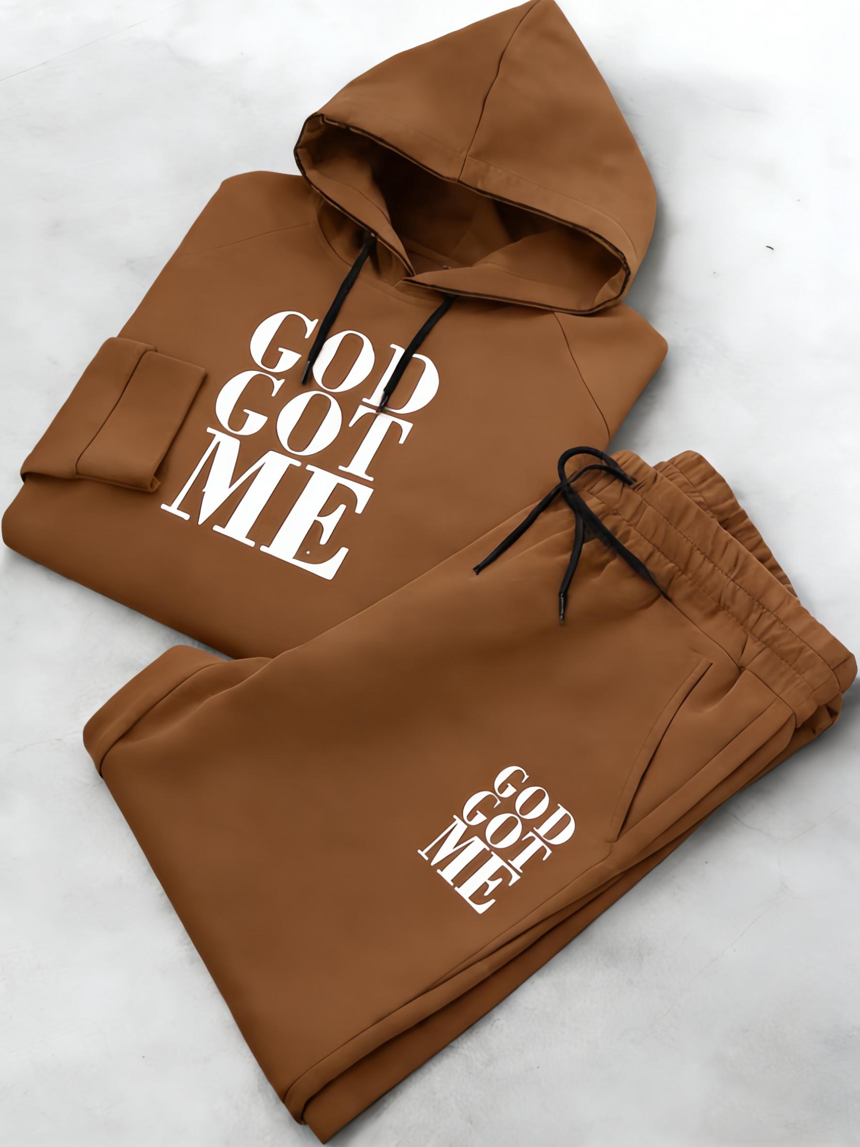 Men's Fashion Casual Two-Piece Set 'GOD GOT ME' Graphic Print Tracksuit - Pullover Hoodie & Sweatpants, Regular Fit, Suitable for Casual Daily Streetwear and Stylish Leisurewear
