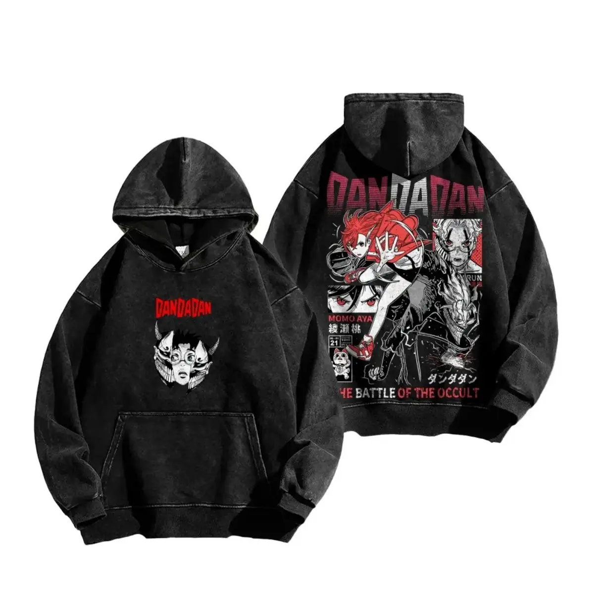 Men’s Vintage Washed Dandadan Anime Hoodie, Momo Ayase Occult Graphic Pullover, Oversized Front & Back Print Sweatshirt, Retro Streetwear Hoodie, Anime Gift for Men & Teens