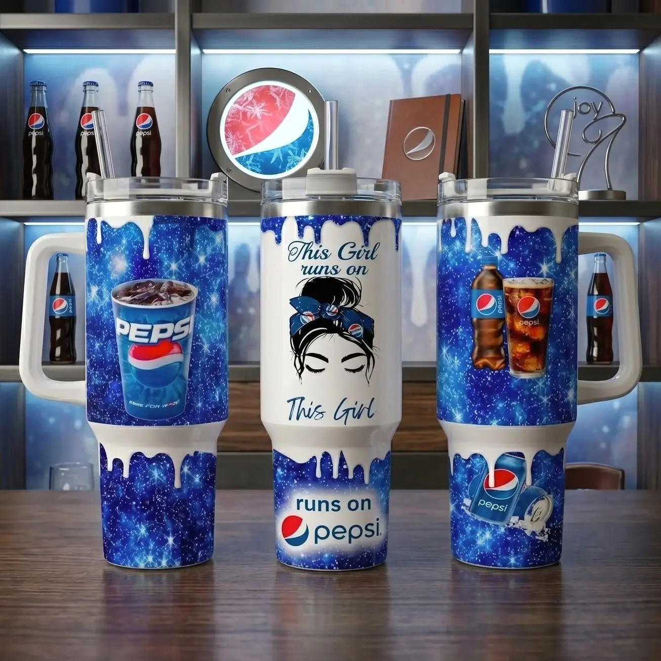 Pepsi 40oz Insulated Tumbler With Handle & Straw, This Girl Runs On Pepsi Glitter Tumbler, Blue Galaxy Sparkle Stainless Steel Travel Mug, Pepsi Fan Gift, Trendy Beverage Drinkware For Women