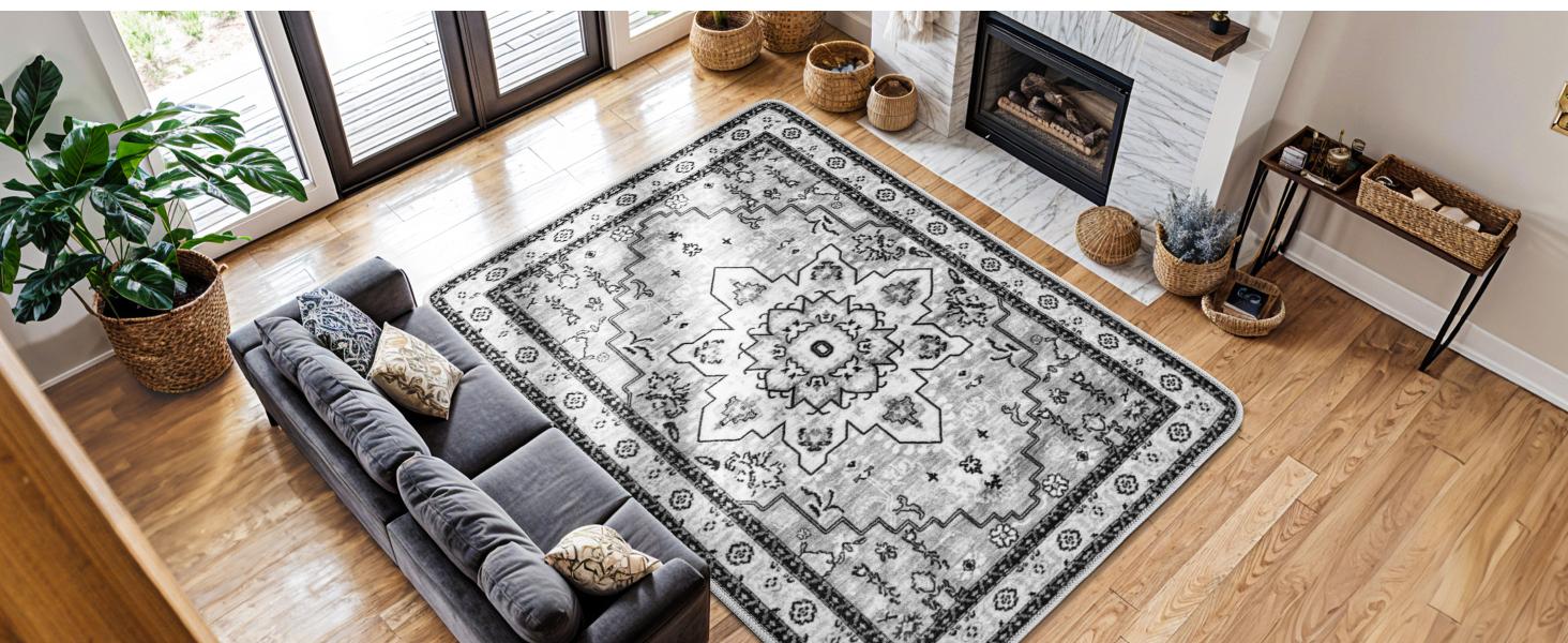Shilucheng Boho Area Rug 9X12 Washable Rugs for Bedroom Low Piles Indoor Rugs, Non Slip Soft Rugs for Living Room, Foldable Pet Friendly Area Rugs