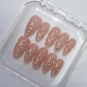 Gemma Set by Pretty Set Studios  - Long Almond Shape Light Nude Color with Silver Rhinestones & Gold Beads Handcrafted Reusable Nails Eco-Friendly Vegan Cruelty-Free