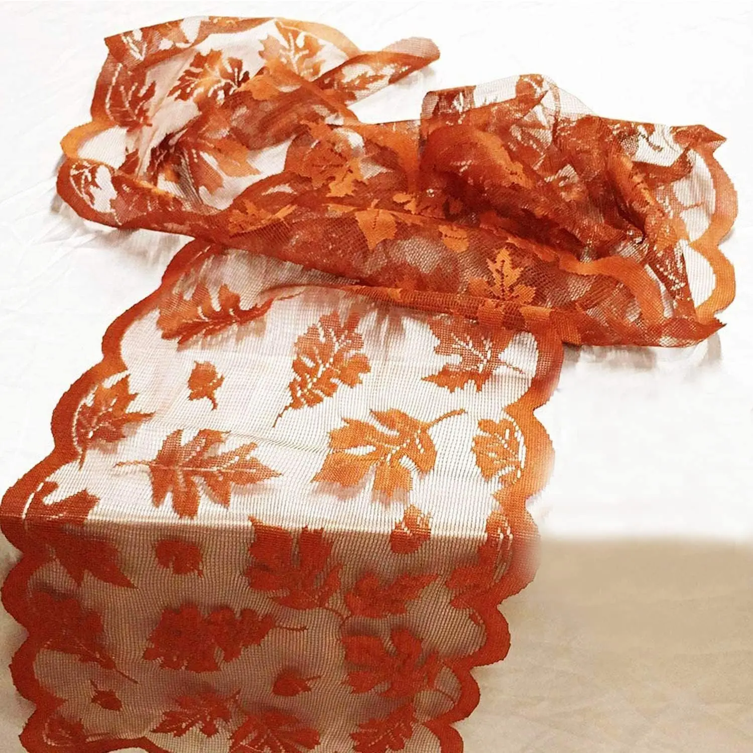 13x72 Inch Rectangle Maple Leaf Fall Lace Table Runner, Orange Autumn Harvest Decor, Cozy Thanksgiving Accent for Kitchen Dining Room (Brown), Celebration, Gatherings