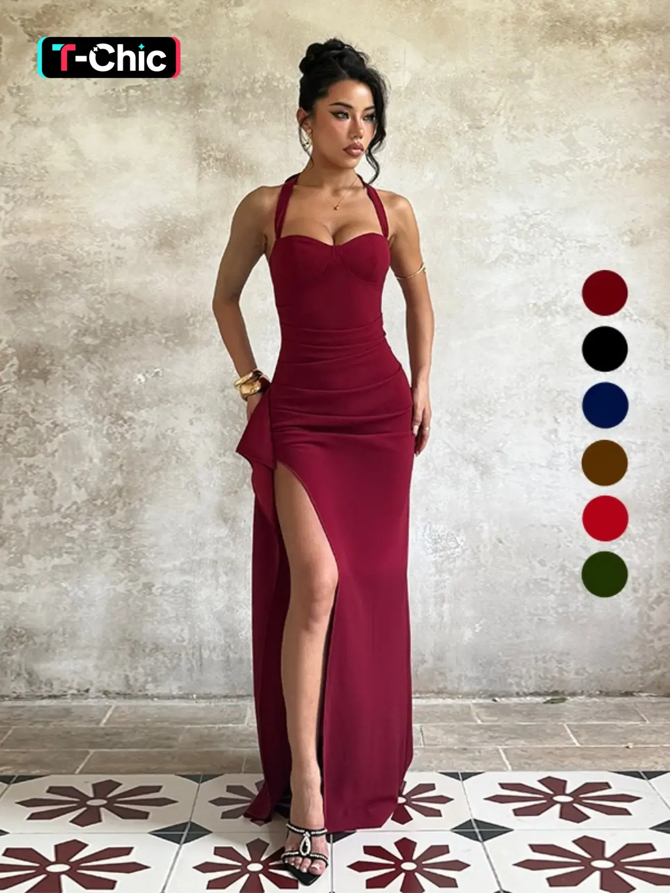 Backless Strapless Halter Neck Plain Slim Fit Slit Dress, Sexy Style All Season Women's Clothing, Perfect for Casual & Daily Wear, Backless Slim Dresses, Womenswear