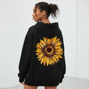 Women's sunflower print hoodie for women Graphic - Cotton Blend Black Long Sleeve Pullover Regular Fit |   Soft & Breathable Fabric, Durable Print, Everyday Comfort, Machine Washable, casual and relaxed outdoor beach setting during sunset