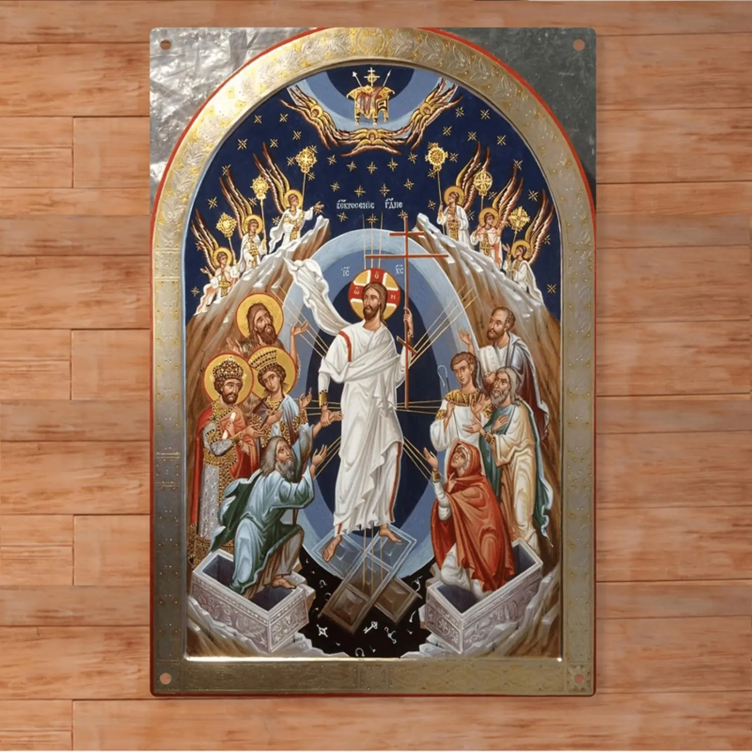 Byzantine Style Orthodox Christian Tin Sign Wall Art Featuring Jesus Christ Resurrection Scene with Angels and Saints Vintage Metal Religious Painting 12x8 Inches Indoor and Outdoor Decor for Home and Church