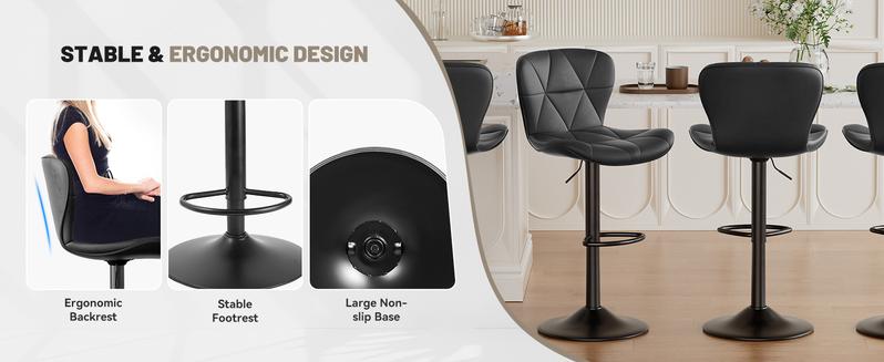 Modern Barstool Set of 2, Adjustable Faux Leather Upholstered Swivel Counter Stools, Counter Height Barstools with Back for Kitchen Island
