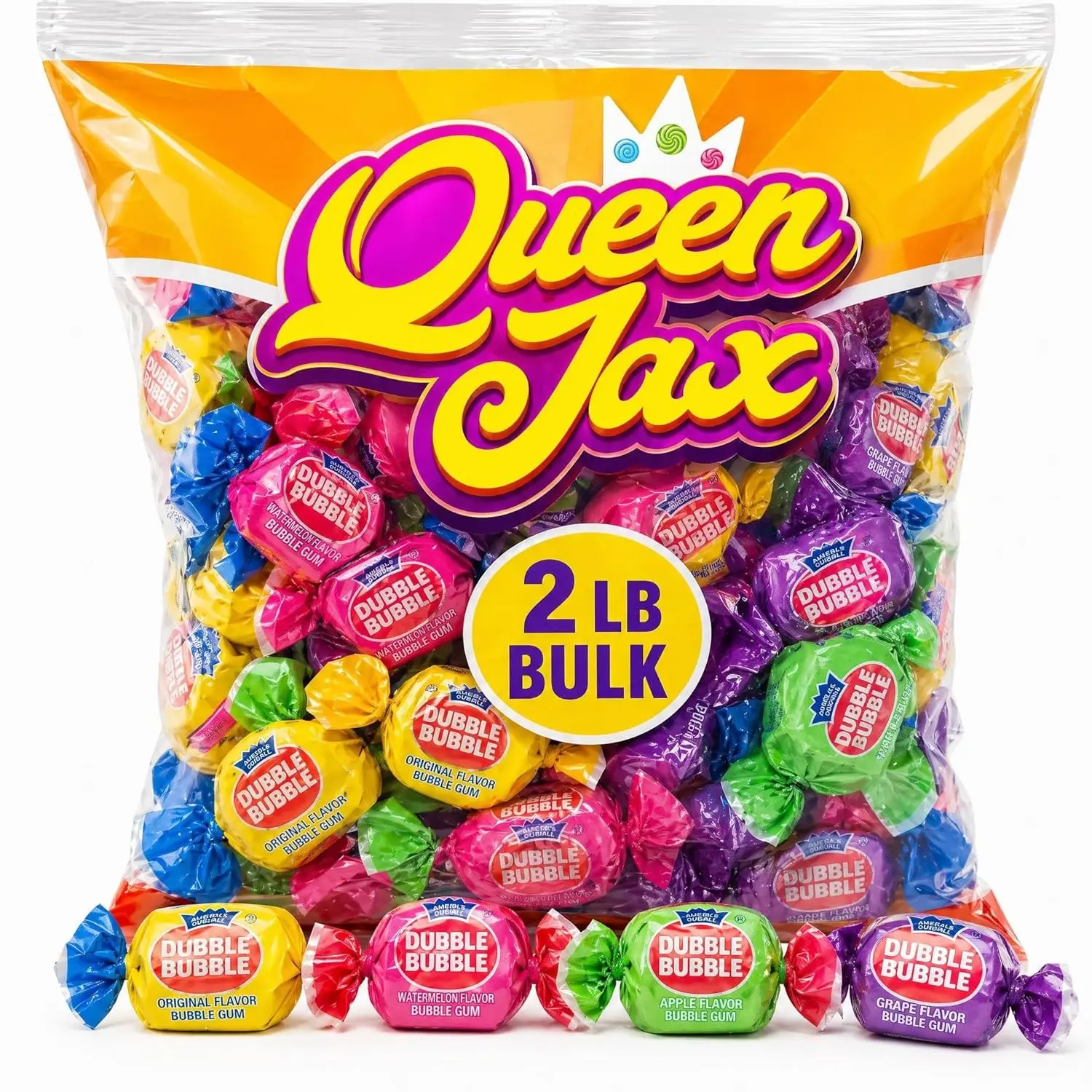 Candy Dubble Bubble Gum - 4 Flavor - Bubble Gum Bulk - 2 LB Bag - Double Bubble Bubble Gum - Individually Wrapped Gumballs- Apple Gum, Watermelon Gum, Grape Gum - Super Bubble Gum