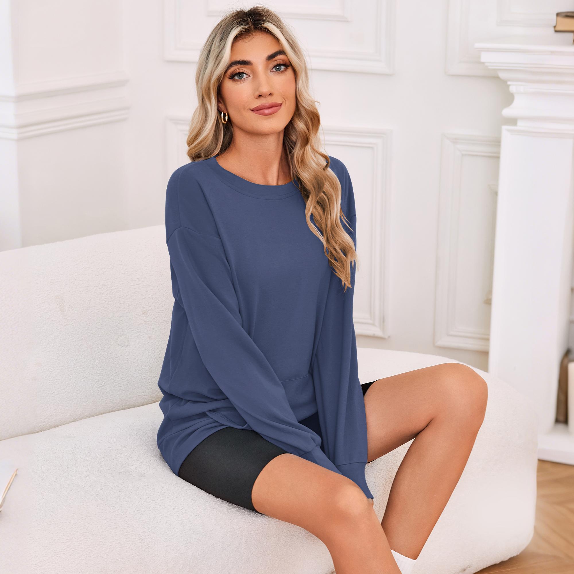 [Restocked] MISFAY & AUSELILY Women's Crewneck Hoodless Sweatshirt Hoodless Sweatshirt with Kangaroo Pocket Fleece Long Sleeve Oversized Casual Style Shirt Hoodie Solid Pullover Lightweight Loose Tops