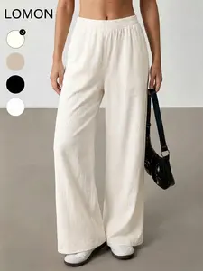 Linen Pants Women Wide Leg Palazzo Summer Flowy Pants Beach Vacation Clothes Elastic Waist Travel Trousers with Pockets