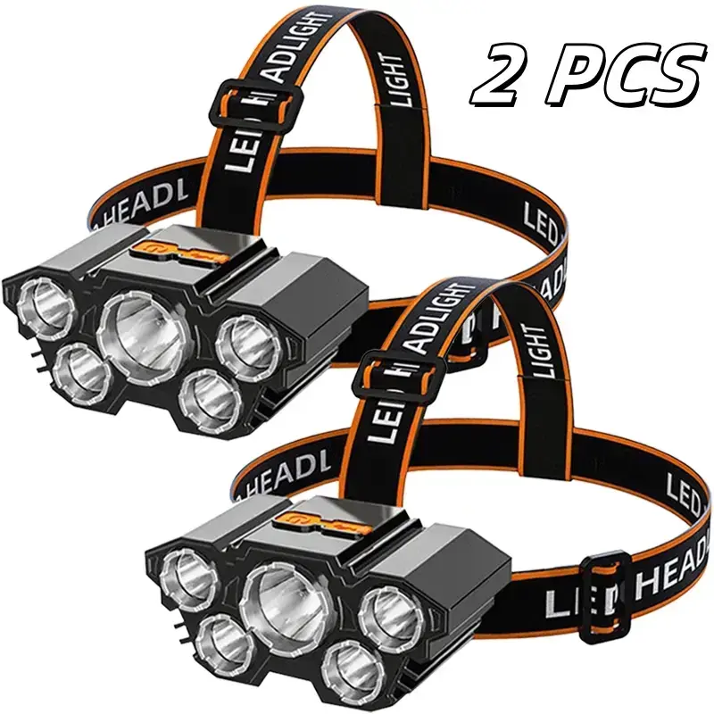 2 USB-Rechargeable Adjustable 5-LED Headlamps - Waterproof ABS Flashlights with Durability and Safety, Outdoor Ready Lighting for Camping, Car Maintenance, Father's Day Gifts (Home & Festive Supplies), Flashlight, Headlamps Turn Into Handy Flashlights