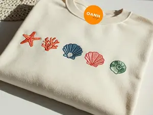 Four Sea Shells Embroidered Crewneck, Turtle Coastal Sweatshirt, Summer Beach Shirt, Nautical Hoodie, Ocean Shell Lover Gift Embroidery Tee