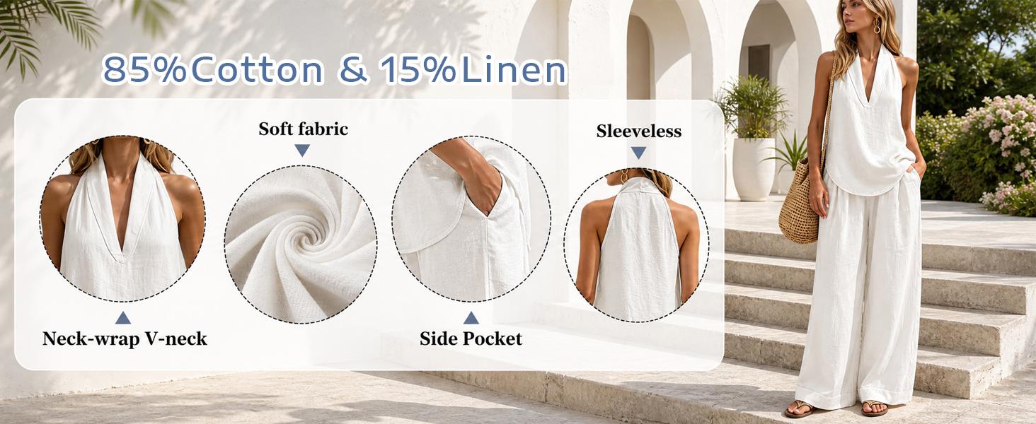 Tanming Women's 2-Piece Set, Soft Cotton Linen Halter Top & Wide-Leg Palazzo Pants with Pockets, Boho Summer Vacation Lounge Outfit for Cruises, Lightweight, Fabric, Women's Matching Sets, Clothes For Women Tanming Women's 2-Piece Set, Soft Cotton Linen Halter Top & Wide-Leg Palazzo Pants with Pockets, Boho Summer Vacation Lounge Outfit for Cruises, Lightweight, Fabric, Women's Matching Sets, Clothes For Women