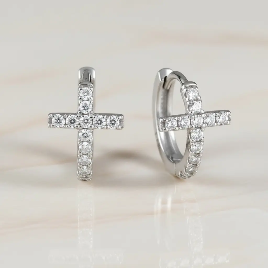 Silver Cross Huggie Hoops – Tiny Cross Hoop Earrings, Dainty CZ Cross Earrings, Hypoallergenic Small Hoops