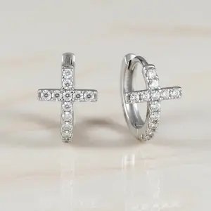 Silver Cross Huggie Hoops – Tiny Cross Hoop Earrings, Dainty CZ Cross Earrings, Hypoallergenic Small Hoops
