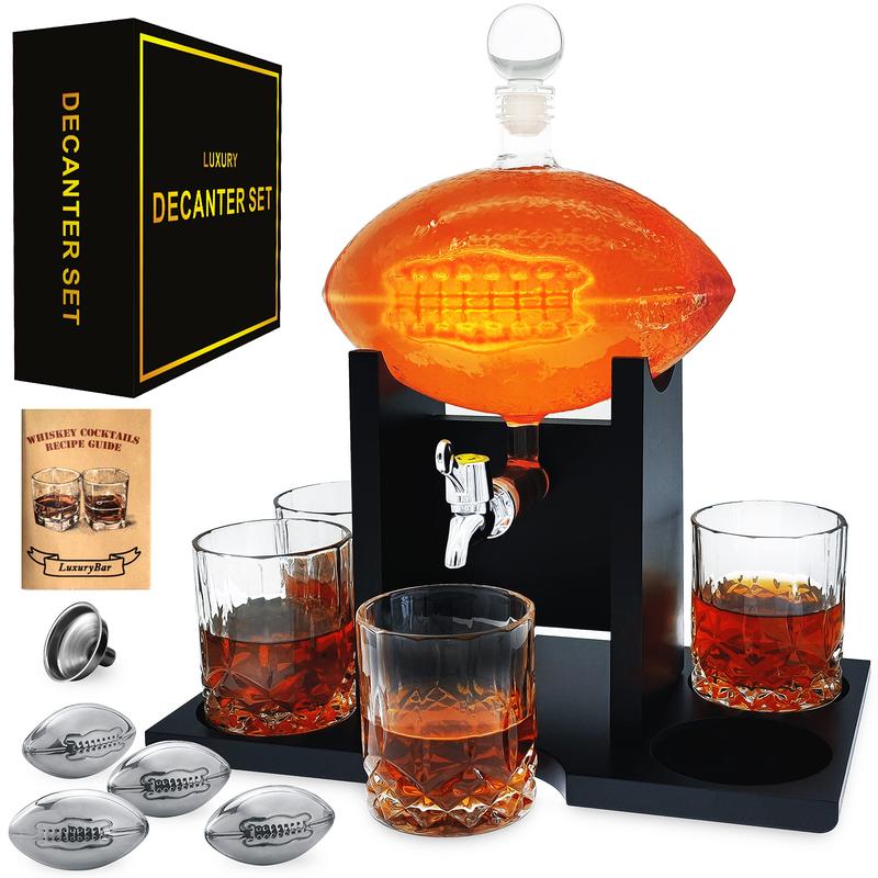 Football Whiskey Decanter Set for Men, 47oz Liquor Decanter Set with 2 Glasses + 2 Footballs Chillers, Gifts for Dad, Husband, Boyfriend, Coach, for Liquor, Bourbon, Scotch, Vodka