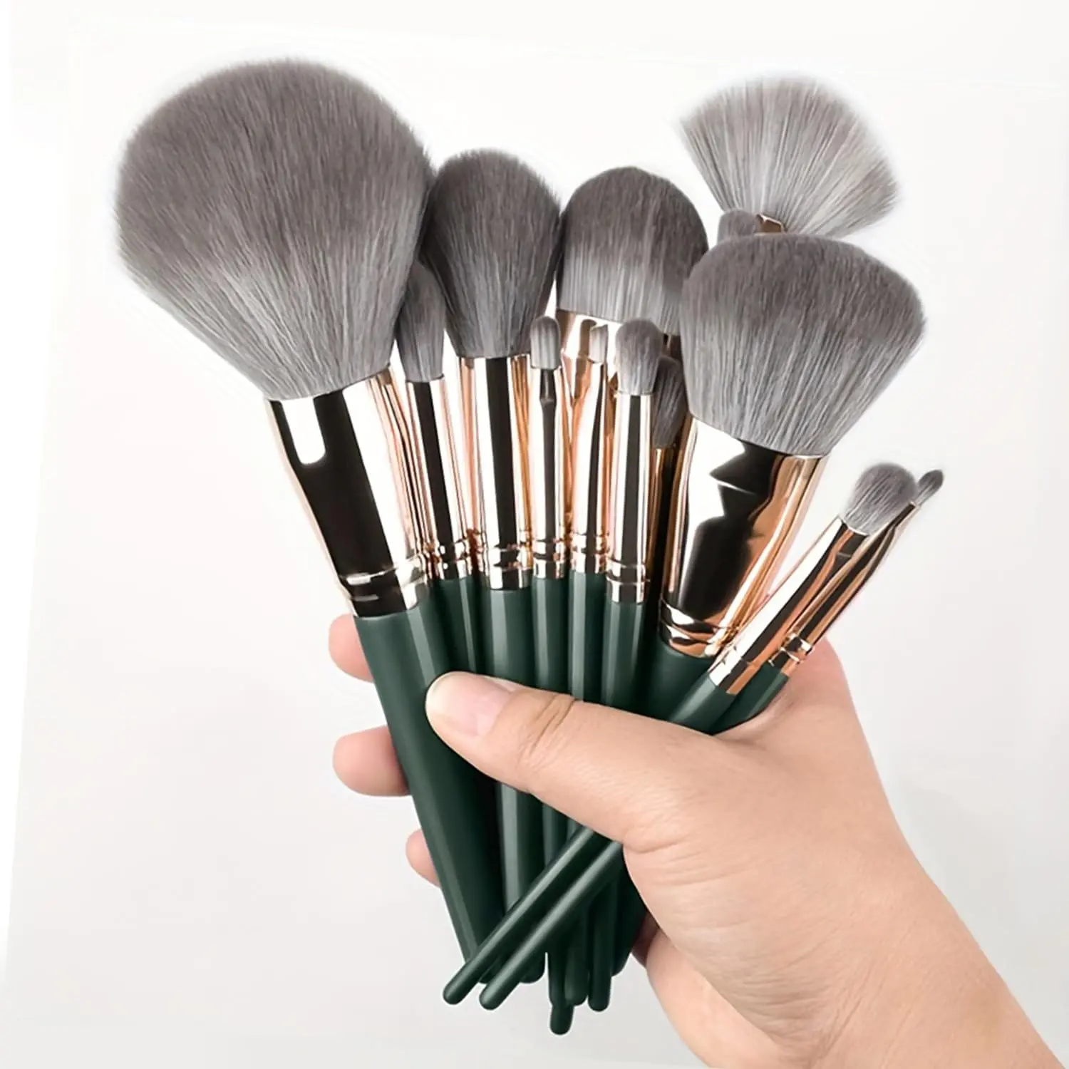 MIDEWQ Professional Beauty Brush Set, 14-Tool Set with Soft Hypoallergenic Synthetic Bristles for Face and Eyes, Green, Cosmetic Brush Set