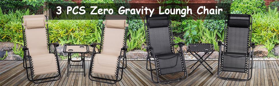 COSTWAY Zero Gravity Chairs Set of 2, 3 PCS Folding Zero Gravity Lawn Chair Set with Side Table Cup Holders & Adjustable Headrest, Reclining Patio Chairs, Zero Gravity Lounger for Patio Poolside-Deals for You Days