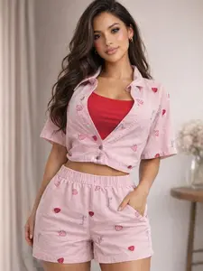 Strawberry Girl 2 Piece Set - Pink Strawberry Print Crop Top & Shorts Set for Women