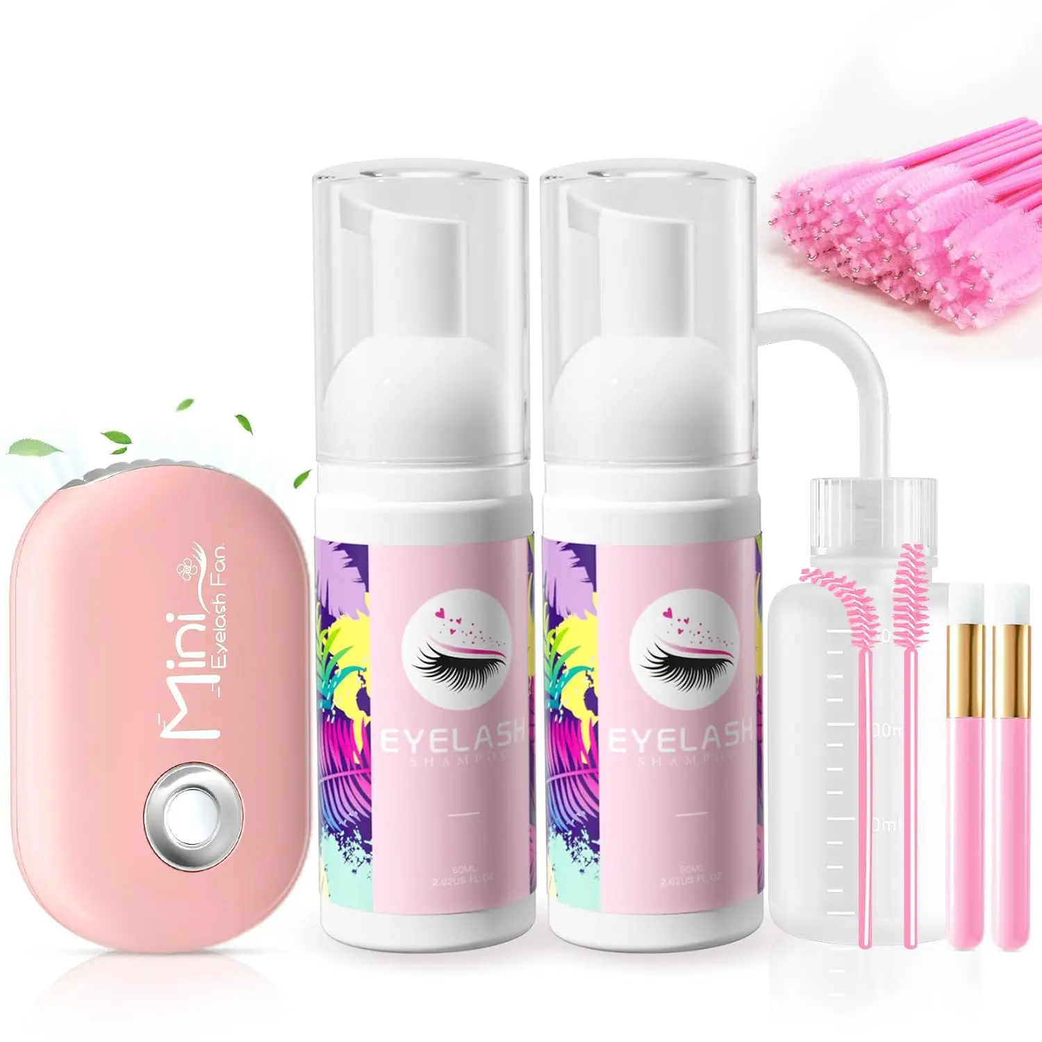 Halloween Gift Lash Shampoo Care Kit - 2 x 60mL Lash Cleanser Bottles, Eyelash Fan, Rinse Bottle, Cleansing Brushes, 50 Spoolies, Makeup Remover Tool for Eyelash Maintenance Daily Set