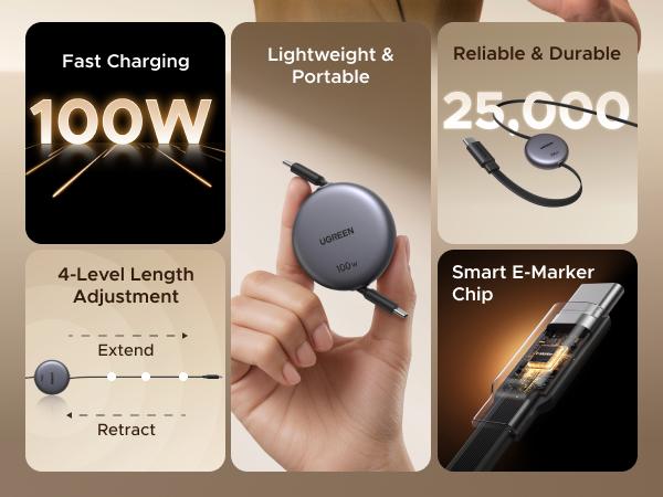 UGREEN 100W Retractable USB C Cable, Type C Cord USB C Charger Cable for iPhone 17/16/15/14, MacBook Pro/Air, Galaxy S25/S24/S23, iPad Pro/Air, Pixel 9/8, Switch, AirPods, Black, 3.3FT,TikTokShopBlackFriday ,TikTokShopHolidayHaul