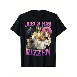 Men's Humorous Easter Jesus T Shirt Featuring Jesus Has Rizzin Graphic Quiet Casual Short Sleeve Top Lightweight Breathable Festive and Daily Wear Durable Print