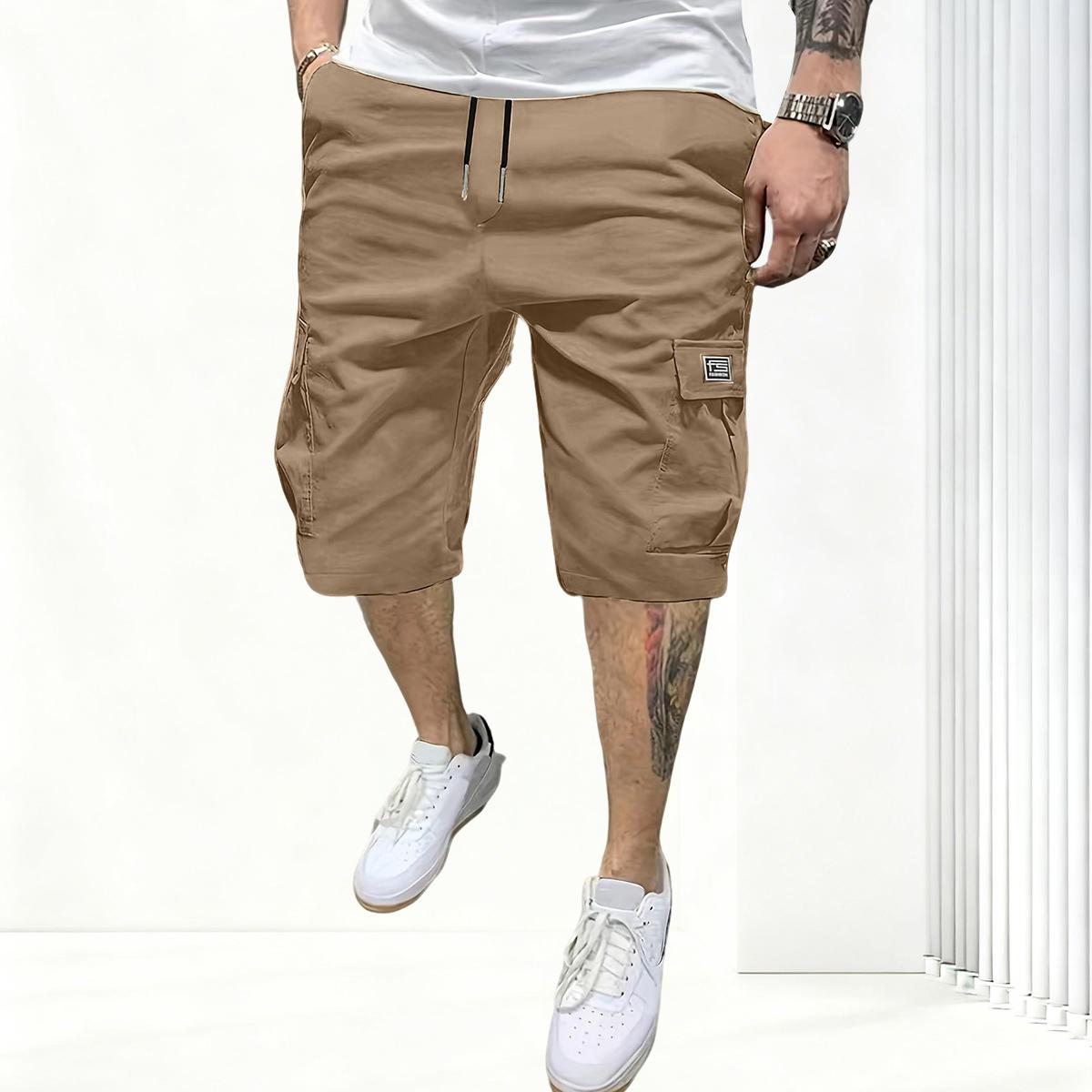 Men’s casual cargo shorts with a drawstring, designed for outdoor work and featuring multiple pockets; non-stretch cargo shorts.